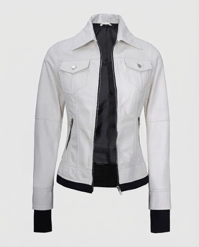 Women's White Bomber Leather Jacket with Hood – Custom Fit