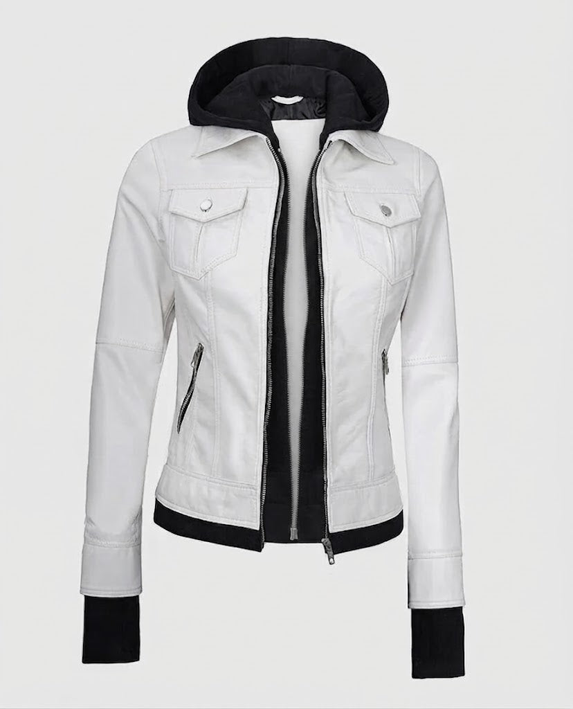 Women's White Bomber Leather Jacket with Hood – Custom Fit