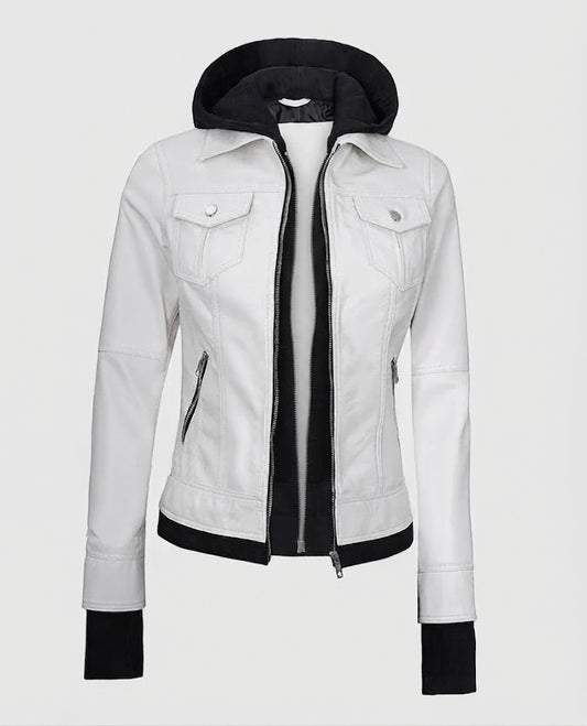 Women's White Bomber Leather Jacket with Hood – Custom Fit