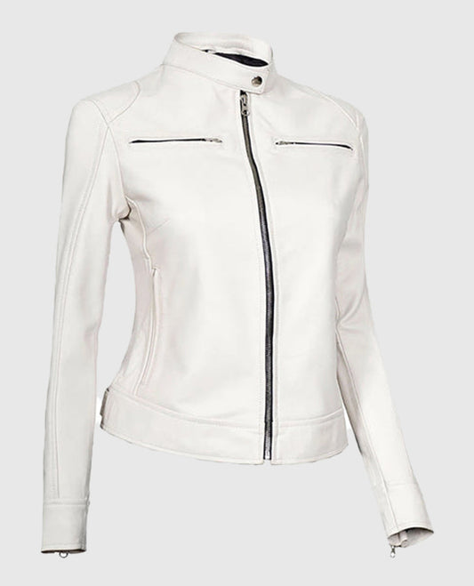 Women's White Leather Cafe Racer Jacket – Premium Outerwear - side angle view