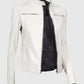 Women's White Leather Cafe Racer Jacket – Premium Outerwear - collar and zip close-up
