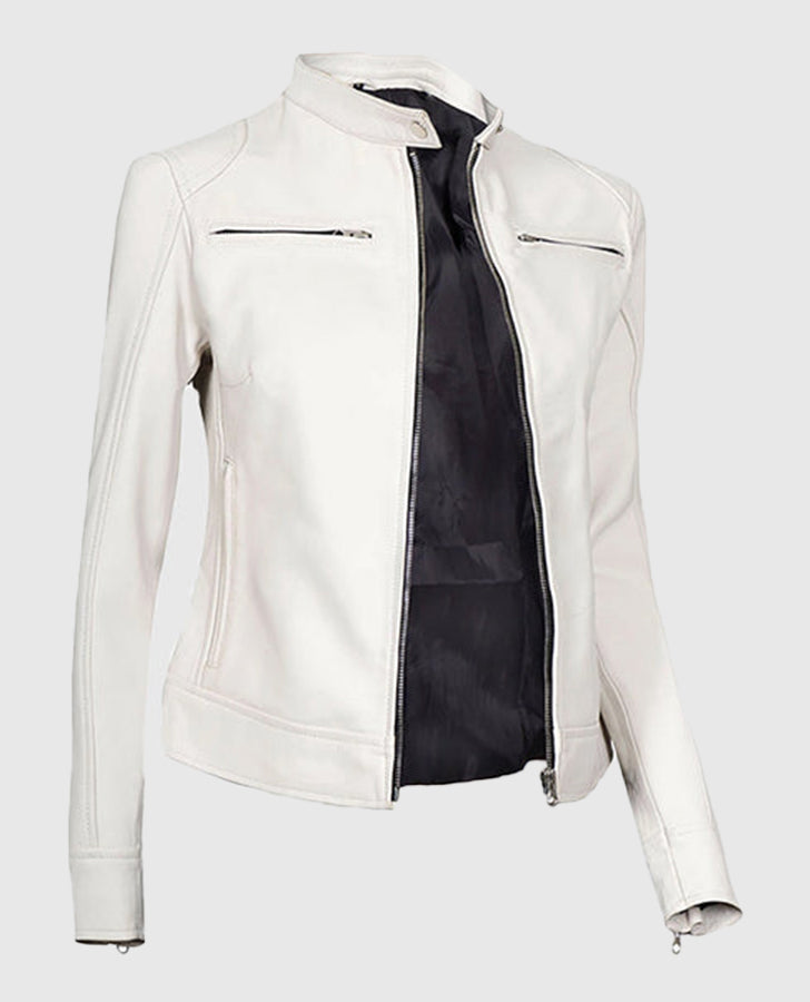 Women's White Leather Cafe Racer Jacket – Premium Outerwear - collar and zip close-up