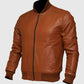 Men's US Flag Tan Brown Bomber Leather Jacket – Custom Fit - collar and zip close-up
