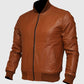 Men's Brown Leather Bomber Jacket – Custom Fit | Genuine Leather - collar and zip close-up