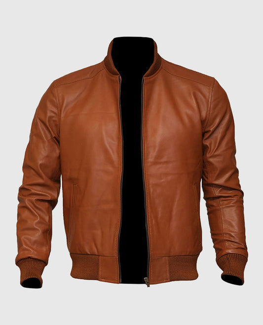 Men's US Flag Tan Brown Bomber Leather Jacket – Custom Fit - side angle view
